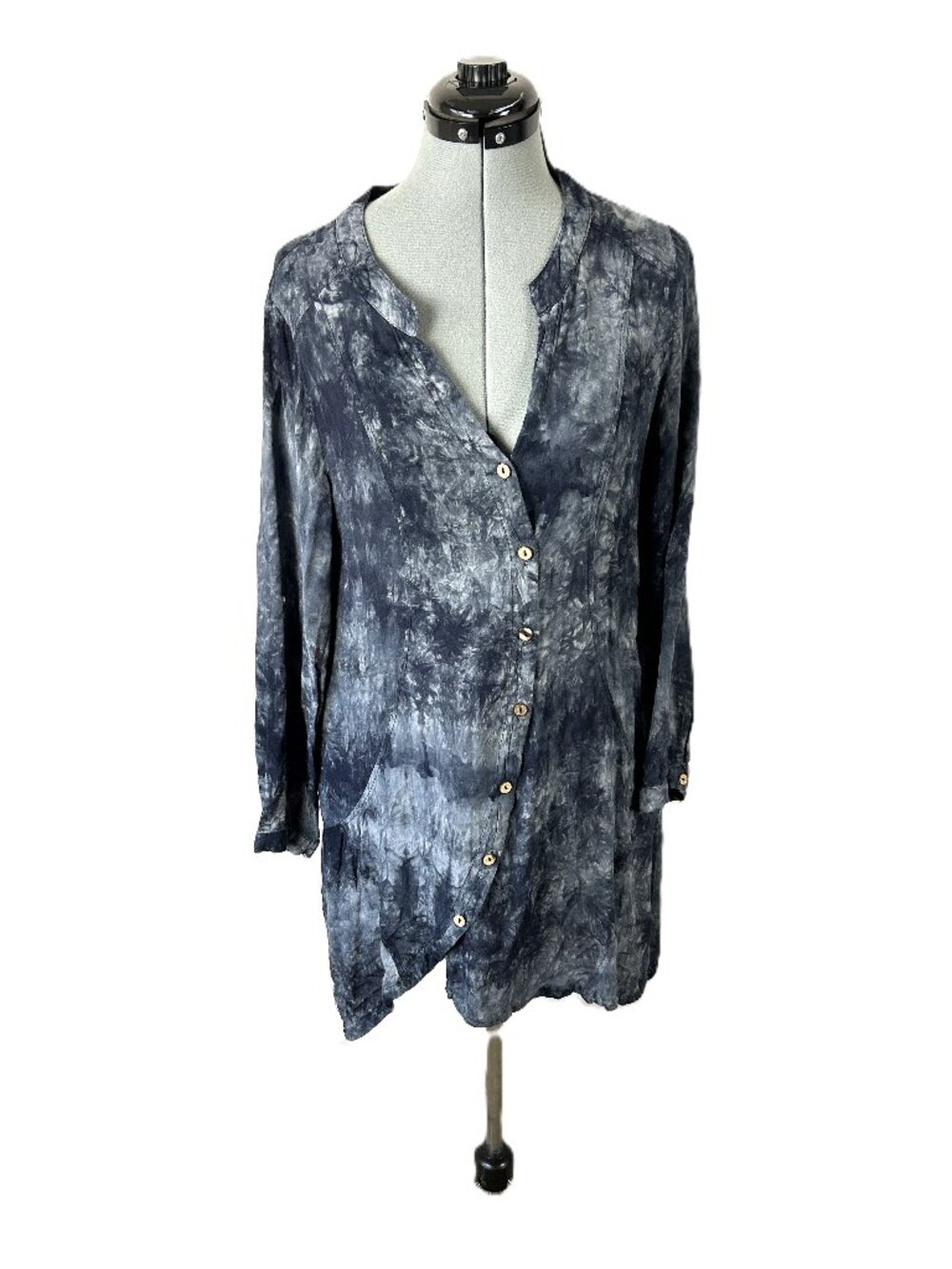 Tie Dye Shirt Tunic Dress with curve Button Path XL Black Gray